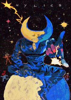 a painting of a man sitting on top of a moon with stars in the background