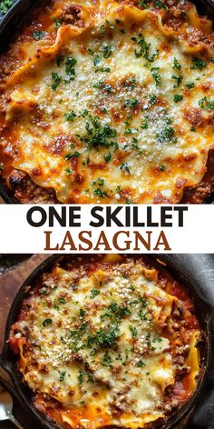 one skillet lasagna in a cast iron pan