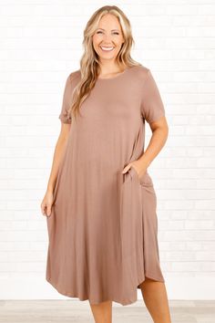 Chic Soul plus size clothing, mocha short sleeves midi dress with pockets Dress With Sandals, Chic Soul, Mocha Color, Teacher Outfits, Scoop Neck Top, Model Fits, Mocha, Plus Size Dresses, The Cutest