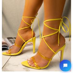 Yellow Lace Up Strappy Heels, Size 6.5. New In Box Strappy Stilettos, Open Toed Heels, Ankle Wrap, Yellow Lace, Lace Up Sandals, 4 Inch Heels, Lace Up Heels, Ankle Straps, Heel Sandals