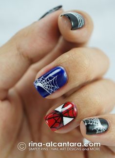 Spiderman Nail Art using stamps and painting Spiderman Nail Art, Art Spiderman, Nails Polish, Stamping Nail Art, Halloween Nail Designs, Get Nails