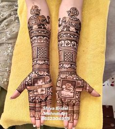 two hands with henna tattoos on them, one is showing the intricate design and the other has an ornate frame