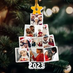 a christmas tree ornament with photos hanging from it