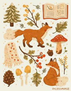 Cozy winter woodland illustration featuring foxes, mushrooms, berries, and various botanical elements. Woodland Art Print, Red Foxes, Winter Berries, Tree Winter, Woodland Art, Winter Woodland, Cozy Scarf, Cozy Winter