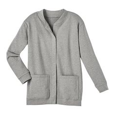 Made of soft cozy fleece, this jacket is the ideal way to stay warm when the weather gets cool. Features large patch pockets and snap front. The longer length makes it easy to layer. Cotton/polyester. Machine wash. Import. Missy: Medium (10-12), Large (14-16), XL (18-20). Women's: 1X (16W-18W), 2X (20W-22W), 3X (24W-26W). Plus Size Jackets For Women, Baseball Jacket Women, Sweatshirt Cardigan, Plus Size Jackets, Maxi Skirt Style, Fleece Cardigan, Fleece Jacket Womens, Womens Capri Pants, Womens Jackets