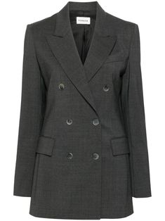 grey virgin wool blend mélange effect double-breasted button fastening peak lapels long sleeves buttoned cuffs chest welt pocket dart detailing two side flap pockets English rear vents full lining straight hem Yoko London, City Dress, Summer Beach Wear, Ski Wear, Lady Dior, Outerwear Women, Coat Dress, Dart, Welt Pocket