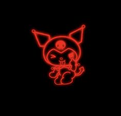 a red neon sign with a cat on it's face in the middle of a black background