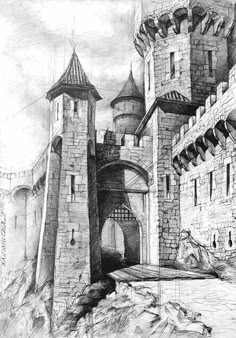 a drawing of a castle with two towers and a bridge in the middle of it