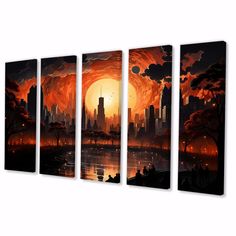 three canvases with an orange sunset and cityscape in the background, on a white wall