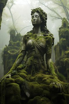 the statue is covered in moss and surrounded by trees