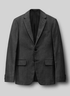 Exude confidence with finesse in our Hardy Minnis Charcoal Pinstripe Wool Suit. This sartorial masterpiece showcases a timeless pinstripe design, elegantly rendered in a sophisticated charcoal hue. Crafted from luxurious wool fabric renowned for its exceptional drape and breathability this suit ensures both comfort and a flawless silhouette. Whether you are attending high-stakes business meetings or prestigious evening events, this suit guarantees you make a statement with unparalleled grace and elegance.   The "Enterprise" collection by Hardy Minnis, crafted from Huddersfield's rich textile heritage, offers luxurious Super 100s fabric weighing 210gsm. Ideal for suits and formal wear, this collection combines traditional and modern designs, ensuring smooth handling and year-round wearabili Classic Pinstripe Blazer With Welt Pockets, Elegant Vertical Striped Blazer For Office, Elegant Office Blazer With Vertical Stripes, Elegant Vertical Stripes Office Blazer, Semi-formal Striped Blazer With Welt Pockets, Striped Semi-formal Blazer With Welt Pockets, Classic Pinstripe Blazer For Semi-formal Occasions, Luxury Striped Blazer For Formal Occasions, Elegant Striped Blazer For Office