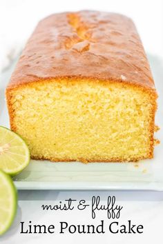 a slice of lime pound cake on a white plate with the words moist and fluffy