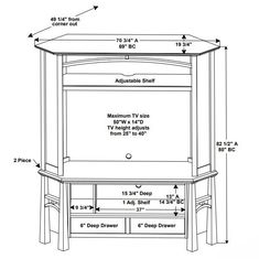 the measurements for a corner tv stand with two drawers and one shelf on each side