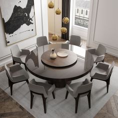 a dining room table with chairs around it