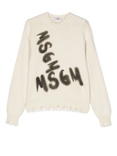 TEEN logo-print distressed-effect jumper from MSGM Kids featuring white, virgin wool blend, distressed effect, logo print to the front, crew neck, long sleeves and fitted-cuff sleeves. White Logo Print Sweater For Winter, White Sweater With Logo Print For Winter, Winter White Logo Print Sweater, Winter White Sweater With Logo Print, Crew Neck Sweater With Logo For Fall, White Logo Sweater For Winter, White Long Sleeve Sweater With Logo, White Logo Print Sweater For Fall, White Logo Print Sweater For Spring