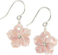 Pink Mother of Pearl Shell Flower Sterling Silver Dangle Earrings Handmade in the USA Made with Genuine Carved Mother of Pearl Shells  15-18MM Made with genuine 925 Stamped Sterling Silver Mother-of-Pearl (Shell) is the inner lining of oysters from which pearls are grown. The natural nacre of the shell offers a beautiful shimmer and shine that adds to these playful flower earrings! Pearl Flower Earrings, Freshwater Pearl Bracelet, Silver Dangle Earrings, Sterling Silver Dangle Earrings, Christmas Gift Jewelry, Shiny Things, Sterling Silver Flowers, Pearl Flower, Pearl Shell