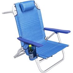 a blue lawn chair with a bottle of wine in it