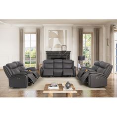 a living room with two recliners and a coffee table in front of a fireplace