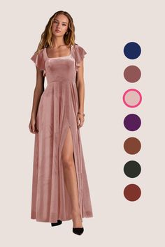 a woman in a pink velvet dress with different color options for the colors to choose from