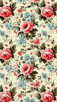 a floral pattern with pink and blue flowers