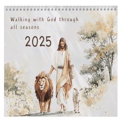 jesus walking with god through all seasons wall calendar, featuring the lion and lambs