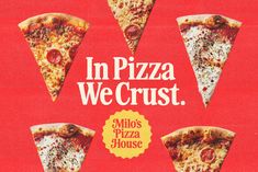 an advertisement for a pizza restaurant with five slices missing from the cheese and toppings