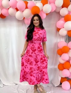 Perfect vibrant maxi for any summer occasion! Vibrant V-neck Maxi Dress With Floral Print, Pink V-neck Maternity Maxi Dress, Pink V-neck Maxi Dress With Vibrant Print, Baby Clothes Sale, Multicolor Floral Print Maxi Dress, Free Size, Multicolor Floral Print Maxi Cover-up, Floral Maxi, Boutique Clothing, Pink Floral