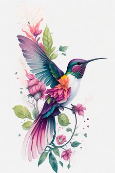 a hummingbird with flowers and leaves on its wings