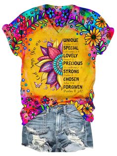 Sunflower Letter Colorful Print V-neck T-shirt Colorful Cotton V-neck Tops, Casual Multicolor Sunflower Print Tops, Multicolor Sunflower Print Short Sleeve Top, Multicolor V-neck T-shirt With Graphic Print, Pink V-neck T-shirt With Letter Print, Multicolor V-neck Graphic Print T-shirt, Spring Cotton T-shirt With Sunflower Design, Pink Printed V-neck T-shirt, Casual Multicolor Print V-neck T-shirt