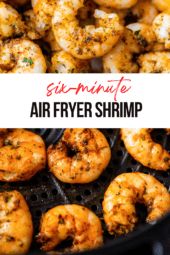 shrimp being cooked in an air fryer with text overlay that reads, gimmute air fryer shrimp