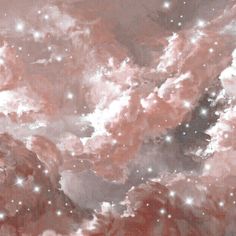 the sky is filled with stars and clouds in pink hues, as well as white dots