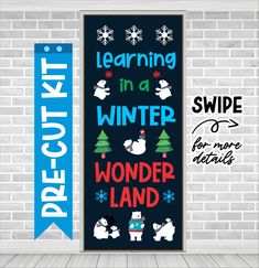 an image of a winter banner with snowmen and trees on it in front of a brick wall