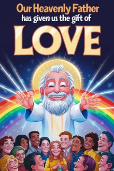 Our Heavenly Father has given us the gift of love, with a bearded man in white surrounded by diverse, smiling people and a rainbow background. Romans 6 23, Miracle Prayer, Love And Forgiveness, In His Presence, Divine Guidance, Lean On, Thank You Lord, Bible Quotes Prayer