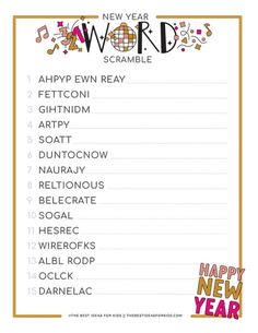 a new year's word scramble is shown with the words happy new year on it