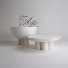 two white bowls sitting on top of each other next to a plant in the middle