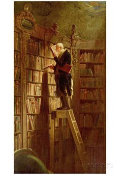 a painting of a man standing on a ladder in front of a bookshelf