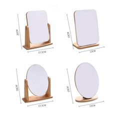 four different sized mirrors on wooden stand with measurements for each one and the other side