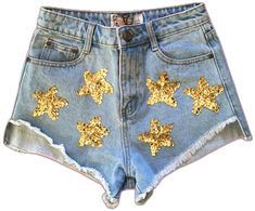 Gold Bottoms For Summer Festival, High Waist Jean Shorts With Star Print For Summer, High Waist Shorts With Star Print For Summer, Fitted Jean Shorts For Summer Parties, Spring Star Print Short Bottoms, Spring Star Print Short Length Bottoms, Blue Star Print Short Bottoms, Trendy Gold Bottoms Short Length, Spring Trendy Star Print Bottoms