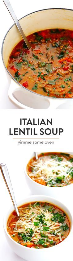 italian lentil soup in a white bowl with two spoons