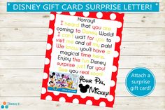 "Make someone's day extra magical when you surprise them with a gift card! This printable PDF is a fun and easy way to give a gift card! Simply print out this letter and attach your gift card in the blank space provided. Your letter will be available to print immediately after purchasing. WHAT YOU GET ● Instant Download Editable PDF and jpg files **NO PHYSICAL PRODUCT WILL BE SHIPPED TO YOU** ● File formatted as 8.5″ x 11″ ● 2 letters included - one for World and one for land ● Letters are not editable STEP 1DOWNLOADING ● Your file will be ready to download immediately after purchase ● You will get an email with a link to your files ● You can also find your purchase in Etsy under \"You\" then \"Purchases & Reviews\" ● Download your files and save them to your computer STEP 2PRINTING ● Prin Disney Trip Surprise, Mickey Mouse Gifts, Custom Sticky Notes, Disney Surprise, Disney Gift Card, Disney Gift, Fun Texts, Disney Addict, Blank Space