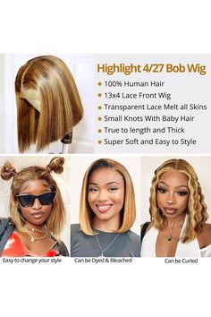 Highlight Bob Wig Human Hair 13x4 HD Lace Front Wigs 4/27 Short Bob Wig for Black Women Pre Plucked with Baby Hair 180% Density 10 Inch Grey Bob Wig, Highlight Bob Wig, Bob Wig For Black Women, Highlight Bob, Bob With Highlights, Grey Bob, Blonde Bob Wig