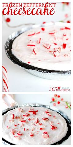 the process for making a frozen peppermint cheesecake is shown in three different stages