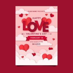 valentine's day flyer with paper hearts in the sky and clouds on red background