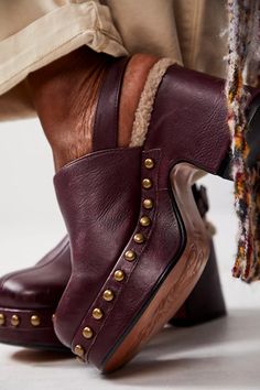 Autumn Studded Platform Clogs | Free People Trendy Platform Shoes, Brown Fall Shoes, 70s Clogs, Clog Outfits, Socks And Clogs, 1970s Shoes, Free People Boots, Studded Clogs, Boho Shoes