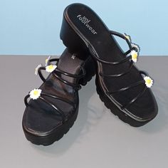 Koi Footwear Blooming Daisy Oasis Black Strappy Sliders Nwt Brand New, Never Worn, With All Original Packaging. Only Unpacked To Try On And Photograph. These Cuties Are A Size 11 That Fit More Like A Size 12. Black Sandals For Spring Day Out, Casual Black Heels, Casual Platform Heels For Day Out, Black Heels For Spring Day Out, Casual Black Heels For Day Out, Casual Heels For Day Out, Casual Black Synthetic Heels, Koi Fish Shoes, Black Platform Jelly Sandals For Beach