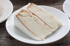 a slice of cake on a white plate next to two plates with slices of cake