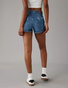 AE Strigid Ripped Denim Mom Short Trendy Mom Fit Bottoms For Streetwear, High Rise Denim Bottoms For Elevated Casual, High Rise Denim Bottoms For Elevated Casual Occasions, High-rise Denim Bottoms For Elevated Casual, High Rise Mom Fit Bottoms With Frayed Hem, High Rise Rigid Denim Shorts For Summer, High-rise Rigid Denim Shorts For Summer, Trendy Denim Bottoms For Elevated Casual Wear, High Waist Jeans For Elevated Casual Summer