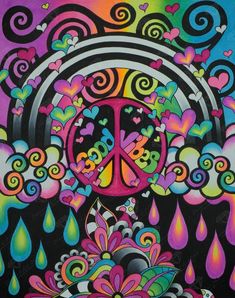 a peace sign is painted on a black background with colorful flowers and raindrops