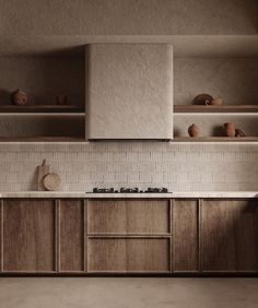 an empty kitchen with wooden cabinets and white counter tops is pictured in this image, there are shelves above the sink