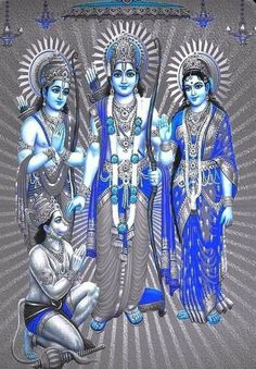 three hindu deities standing next to each other in front of a blue and white background